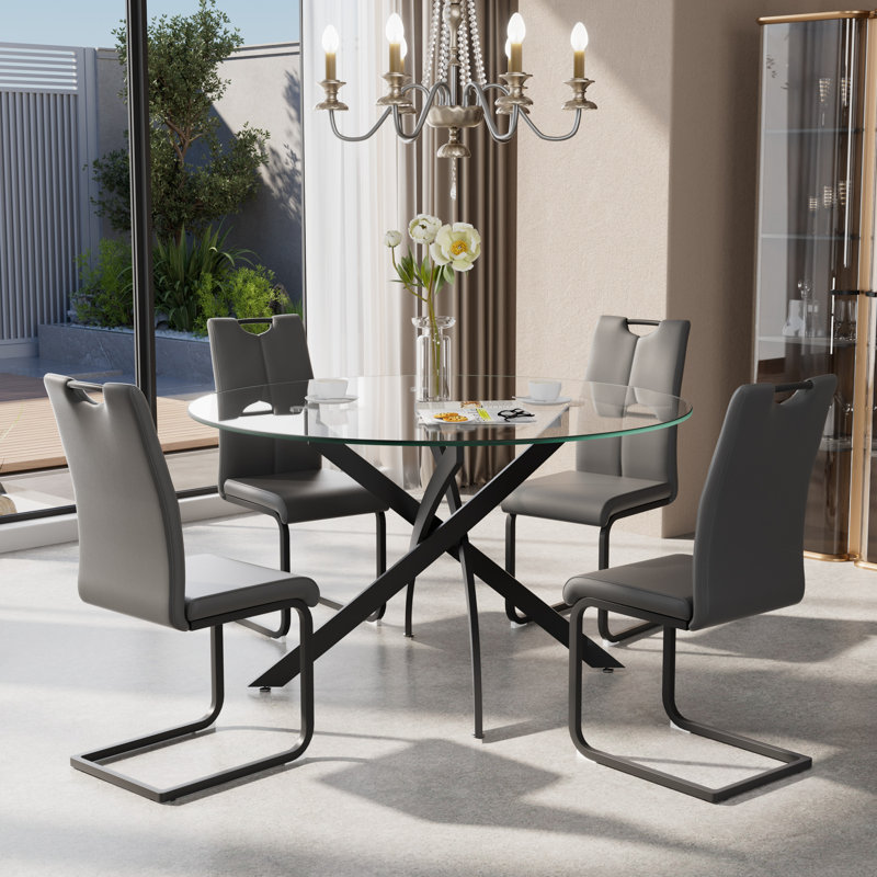 47in Modern Round Glass Pedestal Dining Set, Clear, 5, Gray/Black