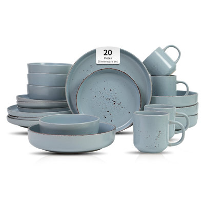 HomeVSS Euro-Nordic Rising-Rim Matte Glaze with Speckle Effect 20-Piece Stoneware Dinnerware Set, Service for 4