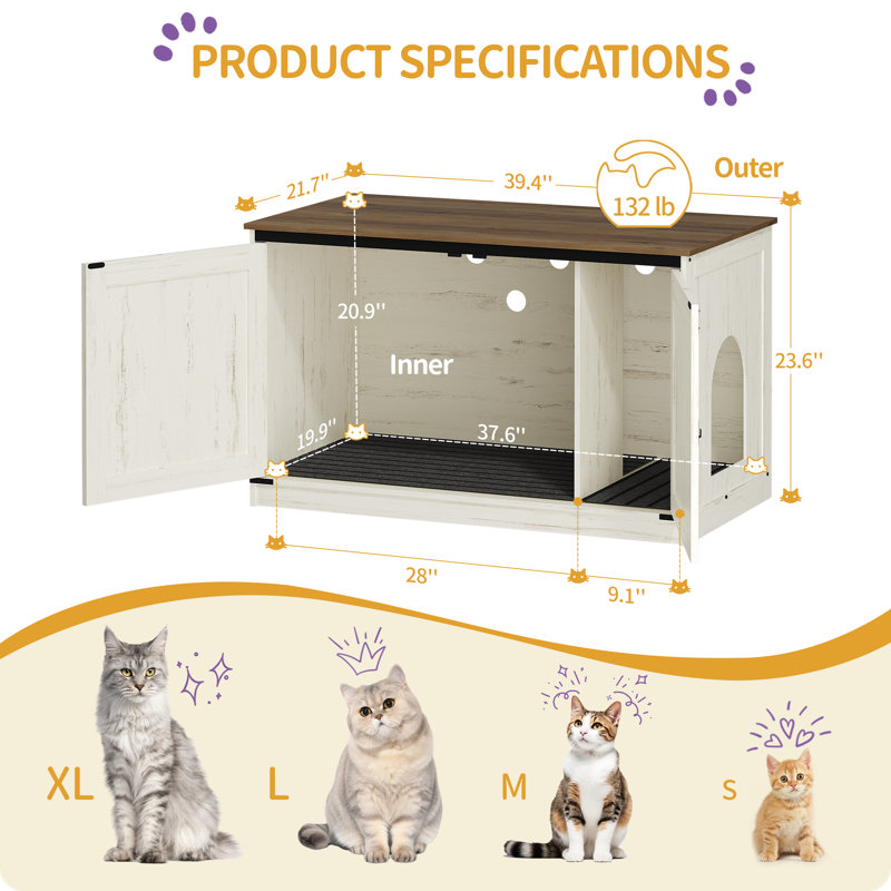 Cat Litter Box Enclosure, Hidden Litter Box Furniture with Removable Dividers, Reversible Entrance Left or Right Side,Cat House