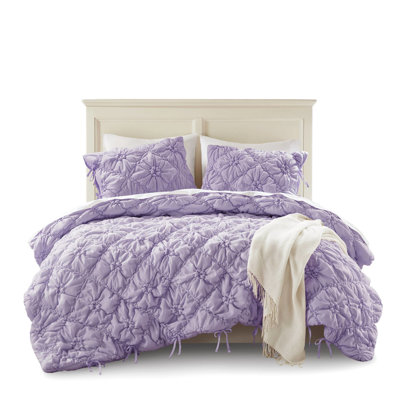 3Pcs Purple Microfiber King Comforter , Pretty Floral Design With Elastic Ruching, Warmth For Every Season, - Standard 100 Relaxed Embroidery And Quilting, Cozy A Good Sleep,
