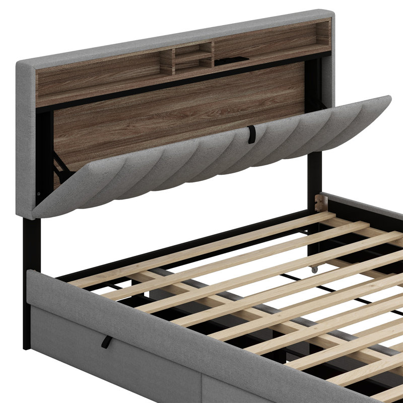 Lit plateforme tapissier avec tête de lit, gigogne, 2 tiroirs et un ensemble de prises et ports USB, Gris