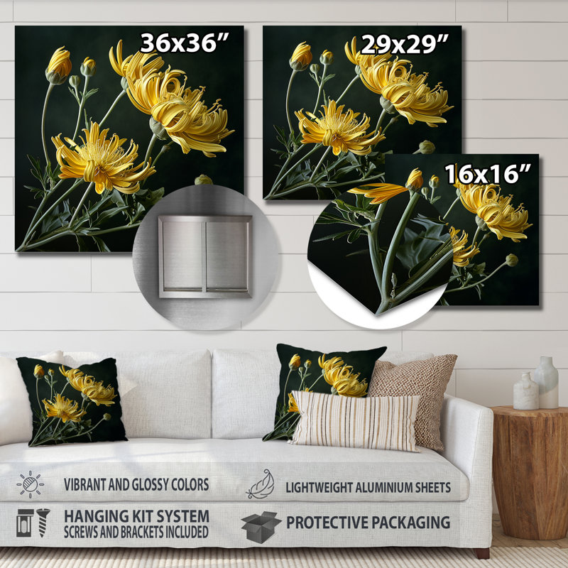 Fleurs jaunes, Forsythia, gros plan - impression d'art mural floral, Métal métal, H 16 po x l 16 po x P 1 po