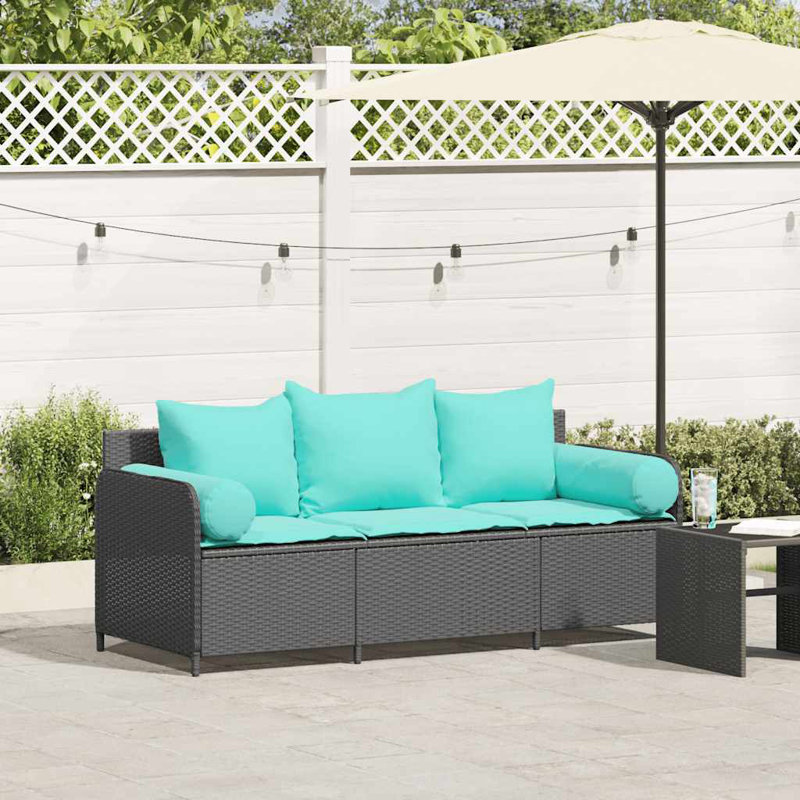 Patio Sofa With Cushions 3-Seater Poly Rattan, Turquoise, Black