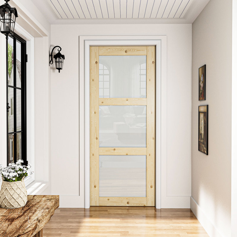 3-Lite Frosted Glass Door Slab Interior Pine Solid Wood Standard Door, 28" x 80"