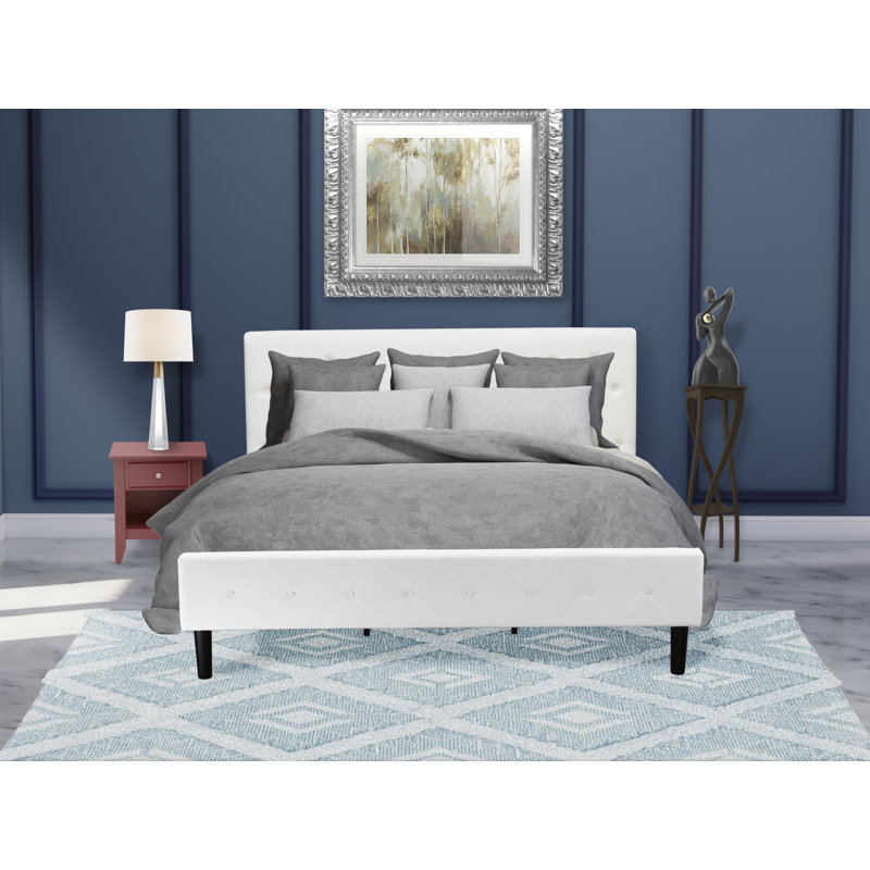 Ensemble de chambre à coucher très grand 2 pièces - Structure de lit capitonnée en bois - Tête de lit tapissier en tissu de velours blanc lin et table de chevet à finition bourgogne