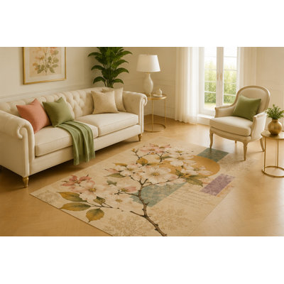 "Ultra Lightweight" 5'x7' Dogwood Blossom Postcard Area Rug for Living Room, Soft Low Pile Indoor Carpet with Non-Slip Silicone Backing for Bedroom, Dining Room, Kids and Pets