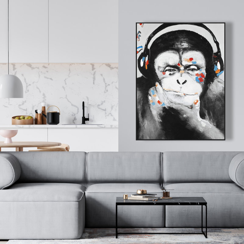 Monkey with Headphones - Wildlife Black Framed Canvas Art