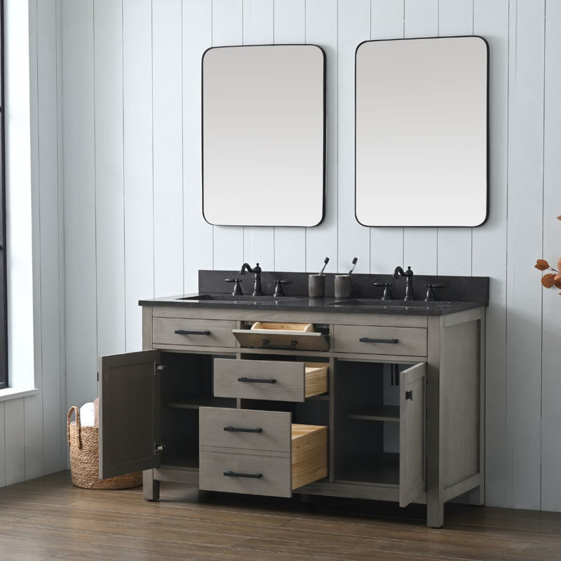 Ensemble de meuble-lavabo double 54 po Ajiya, Gris texturé / noir mat, Calcaire bleu
