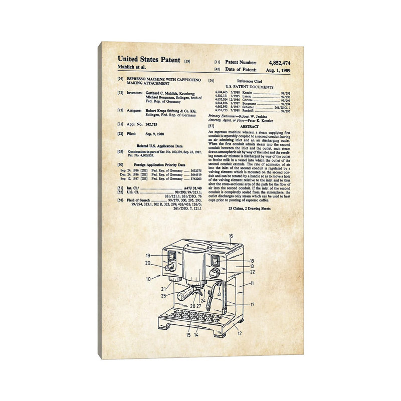 Esperesso And Cappucino Machine by Patent77 - Wrapped Canvas Painting, 20.32 cm H x 30.48 cm W