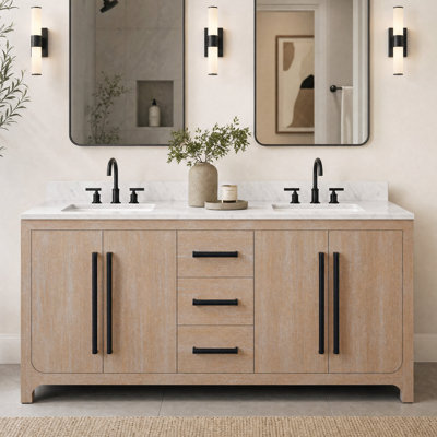 Meuble-lavabo double rectangulaire Perris de 183 cm (72 po) avec comptoir en marbre blanc de Carrare reconstitué couleur caramel latte et quincaillerie noire mate