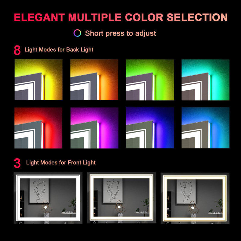 Maureene Dimmable  RGB LED Bathroom Mirror with Lights, 32" x 48"