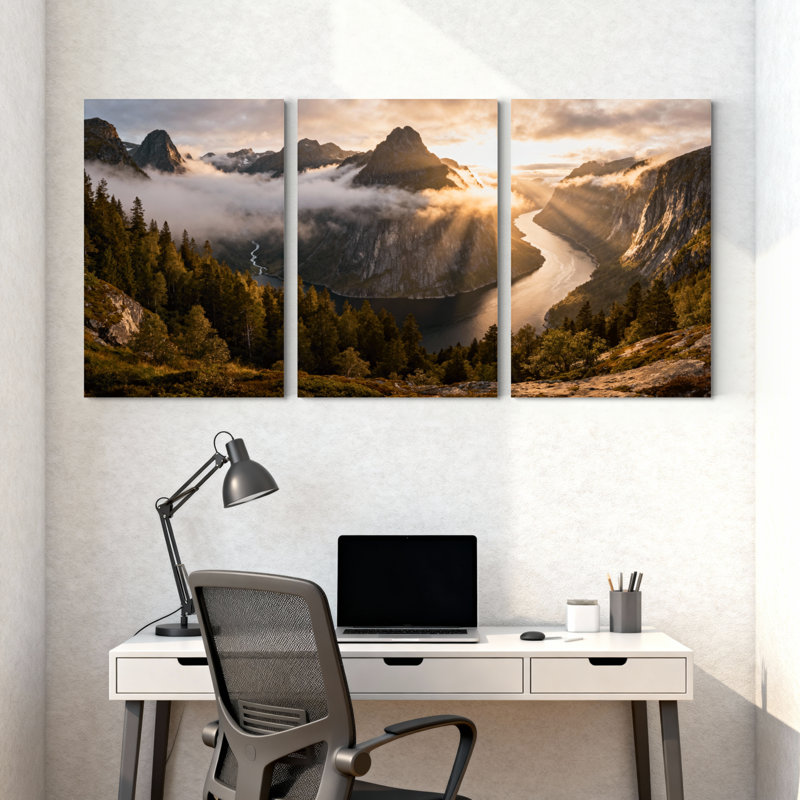 Ensemble de 3 impressions sur toile, paysage de montagne avec nuages et rivière, H 30 po x l 60 po