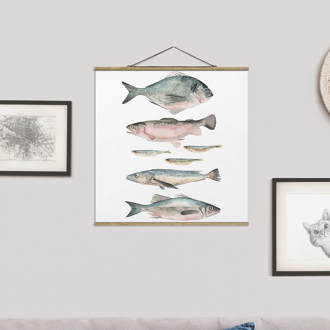 Stoffbild Mit Posterleisten - Sieben Fische In Aquarell II - Quadrat 1:1