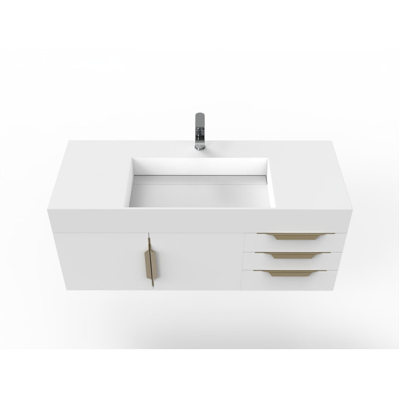 Meuble-lavabo mural simple 48 po avec comptoir à surface solide 48 po, Blanc, Blanc, Doré