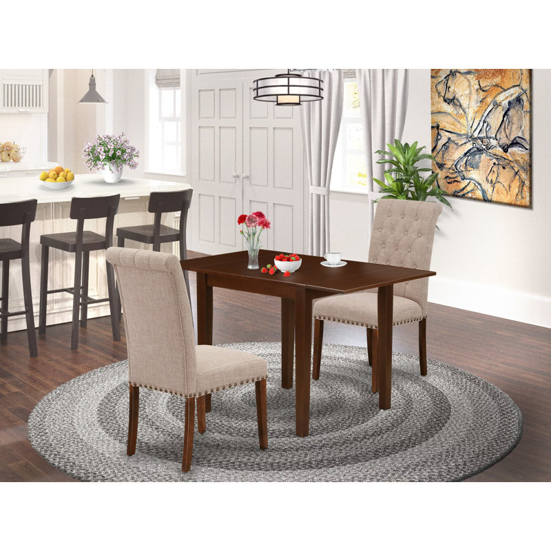 L'ensemble de mobilier de salle à manger 3 pièces contient une table de salle à manger rectangulaire avec Dropleaf et 2 chaises rembourrées en tissu de lin brun clair, acajou