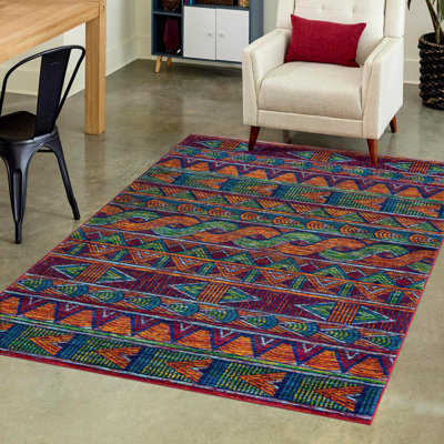 Tapis intérieur / extérieur en polypropylène géométrique rouge / vert / bleu marine Equan