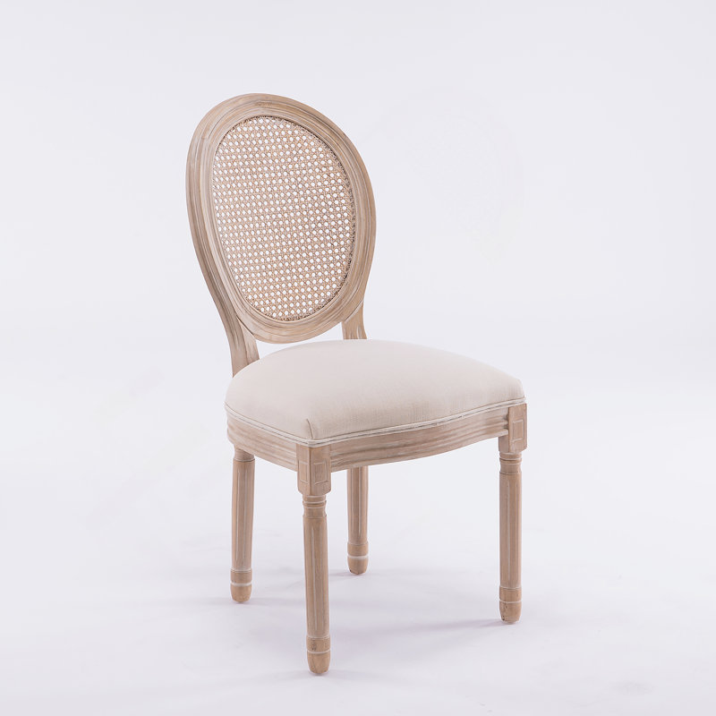 Chaise de salle à manger en bois massif de style français avec dossier en rotin et siège en lin, ensemble de 2 pour un usage quotidien élégant.