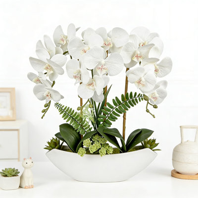 Artificial Silk Orchid Arrangement In Ceramic Pot - Lifelike White Faux Orchid Flowers For Home Office Table Centerpiece Modern Decor