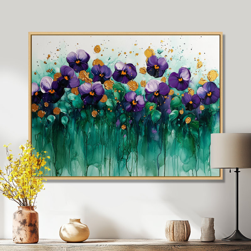 Lavande, pensées sur encre émeraude I - Pensées, art mural, H 12 po x l 20 po, Impression encadrée flottante, Crème, crème