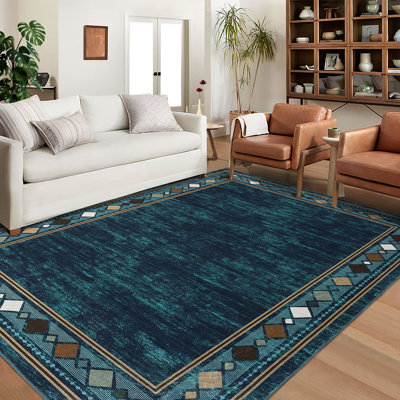 Tapis pour le salon, tapis lavable 4 x 6 pour la chambre à coucher, tapis moderne doux, tapis de porte antidérapant doux, tapis de cuisine antidérapant antidérapant, tapis décoratif à bordure traditionnelle, bleu / vert