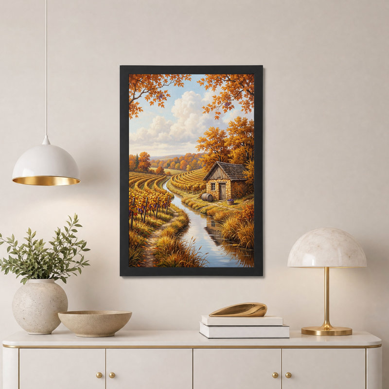 «Autumn Vineyard with Stone Cottage and Stream», art mural, H 24 po x l 16 po