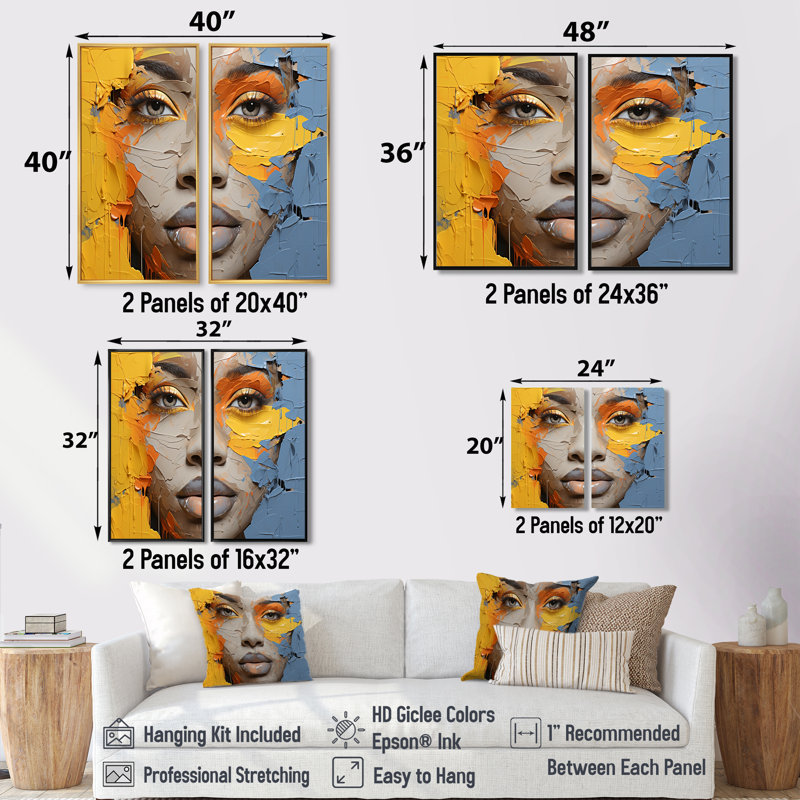 Jaune et bleu, peinture, collage, portrait - impressions sur toile 2 panneaux, 36" H x 48" W, Impression encadrée flottante