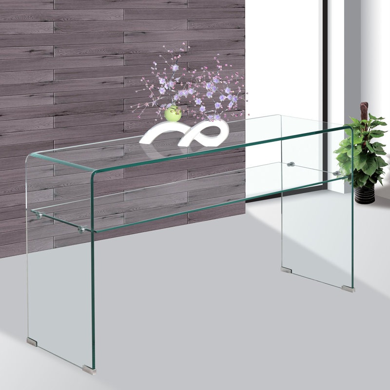 Console en verre trempé, table de hall d'entrée avec tablette de rangement