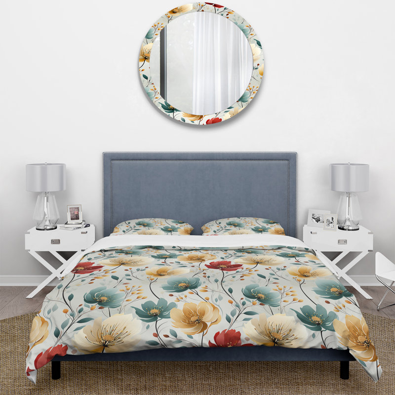 Literie Hasim multicolore à motif floral minimaliste, Housse de couette pour très grand lit et 2 très
