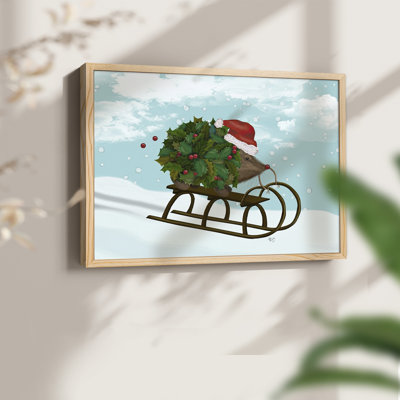 Christmas Holly Hedgehog Sledding -Framed Print - Restickable