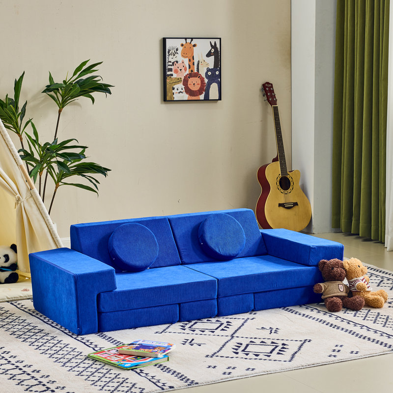 14PCS Fold Out Kids Couch Modular Kids Couch For Playroom In Blue, Blue