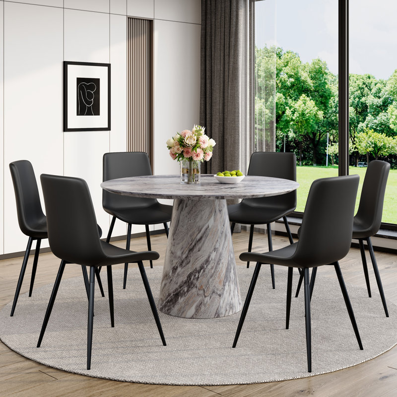 45'' Round Dining Table Set With 4/6 Upholstered Chairs, 7 Pieces: Table, 6 Chairs, Black