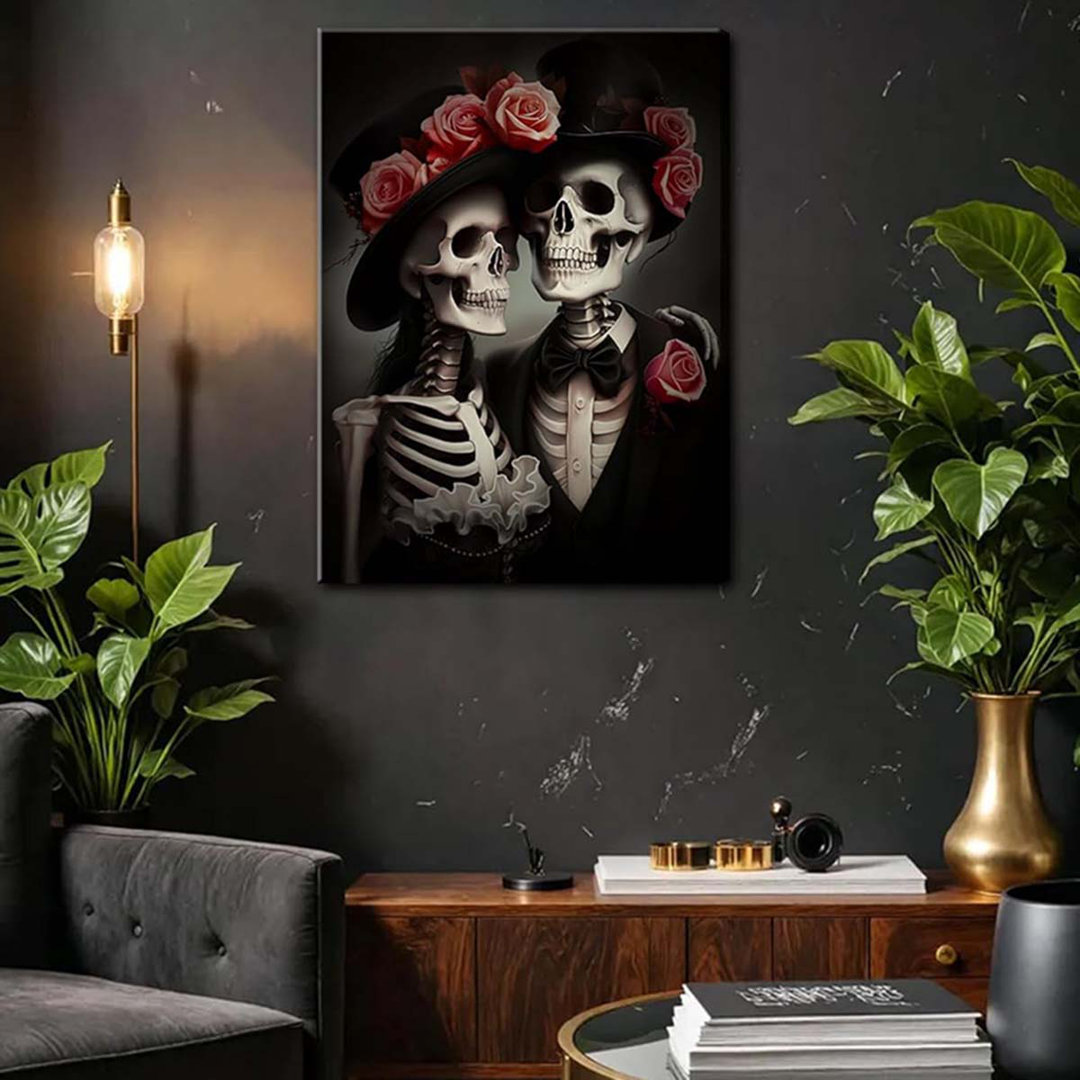 Wall Art Set Of 3, Rose Skull Wall Decor Paintings, Dark Romantic Crow Goth Halloween Aesthetic.