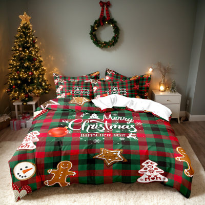 Christmas Plaid Microfiber Duvet Cover Set with Pillowcases, Digital Print, Reversible Holiday Front with White Back, Zipper Closure, Twin Full Queen King, Comforter and Pillow Inserts Not Included