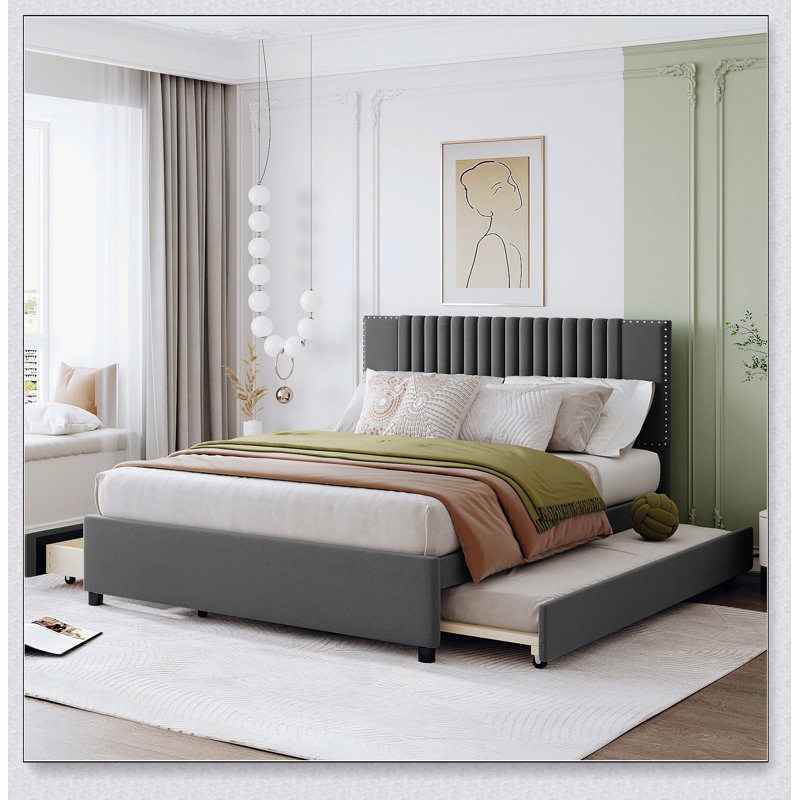Lit plateforme tapissier avec 2 tiroirs et 1 lit gigogne, Gris, Grand