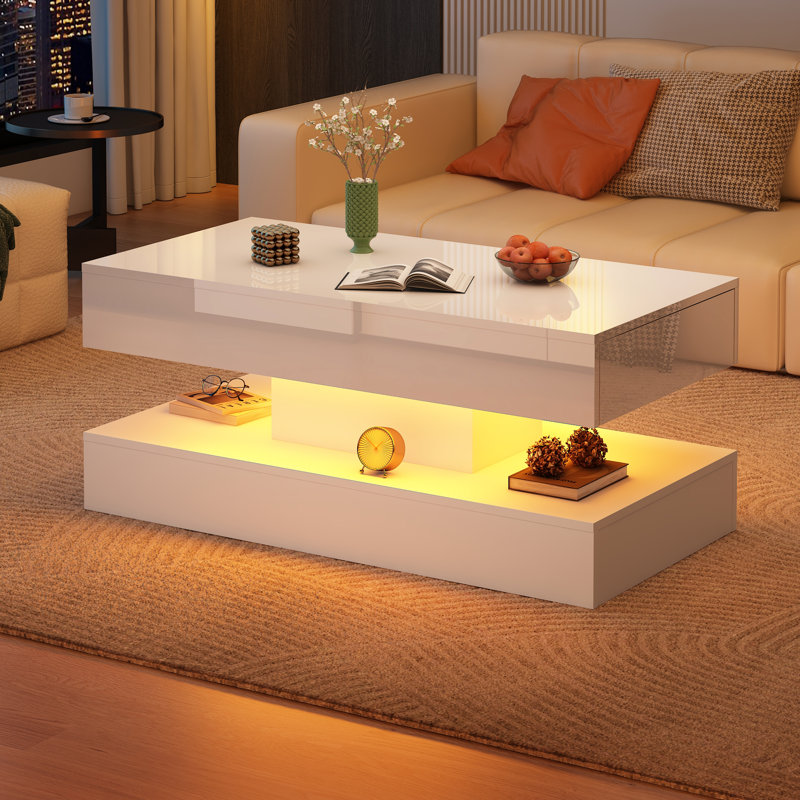 Table basse moderne à DEL ultrabrillante avec 2 tiroirs de rangement, 20 lumières à DEL de couleurs (APP / télécommande), table centrale à impression marbrée à 2 niveaux pour le salon
