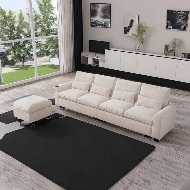 Canapé en L en chenille avec ports USB et porte-gobelet, Chenille beige
