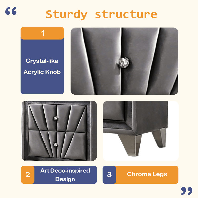 Structure entièrement revêtue de tissu 1pc Table de chevet avec boutons en cristal et acrylique