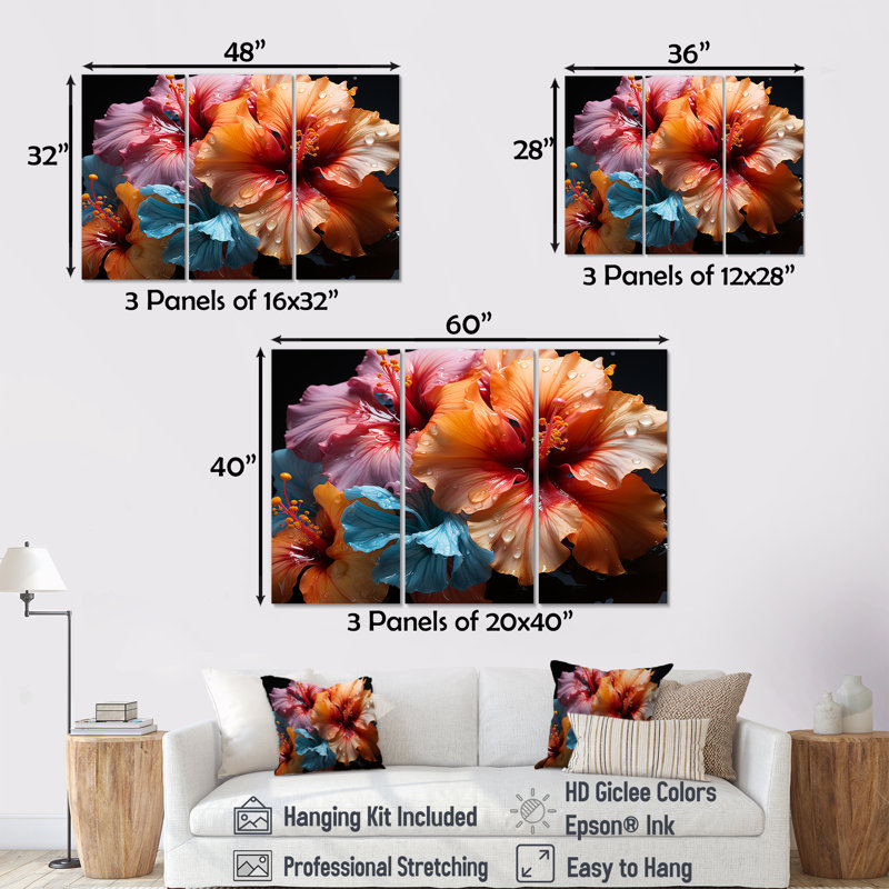Hibiscus coloré moderne, floraison II - ensemble d'art sur toile Hibiscus, H 28 po x l 36 po x P 1 po