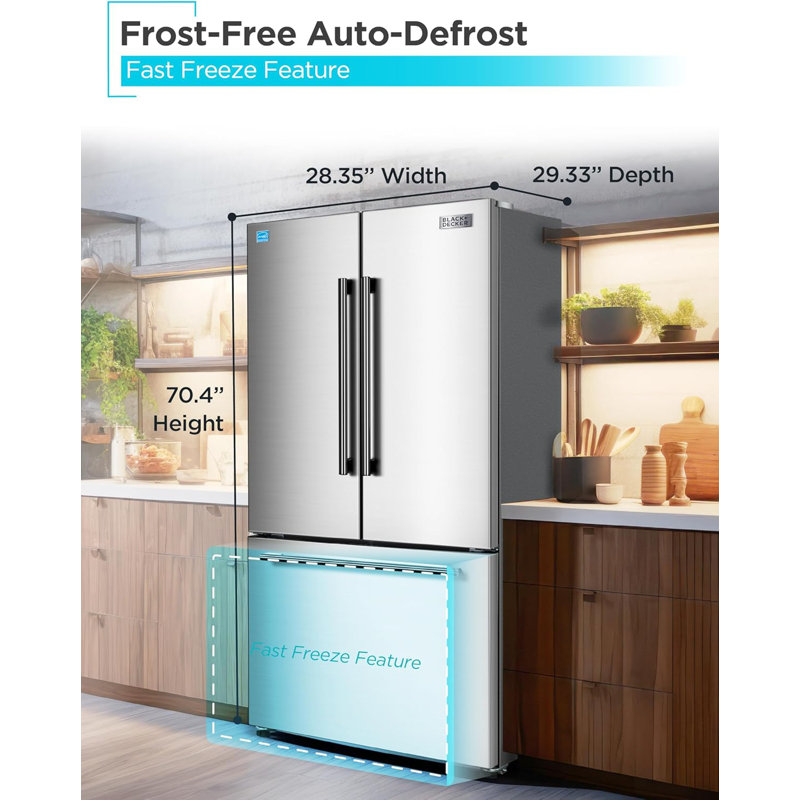 BLACK+DECKER 16 Cu. Ft. French Door Refrigerator with Built-in Ice Maker, Full Size Refrigerator with Bottom Mount Freezer Drawer, Frost Free, ENERGY STAR certified, BRF1600GIMS, Stainless Look