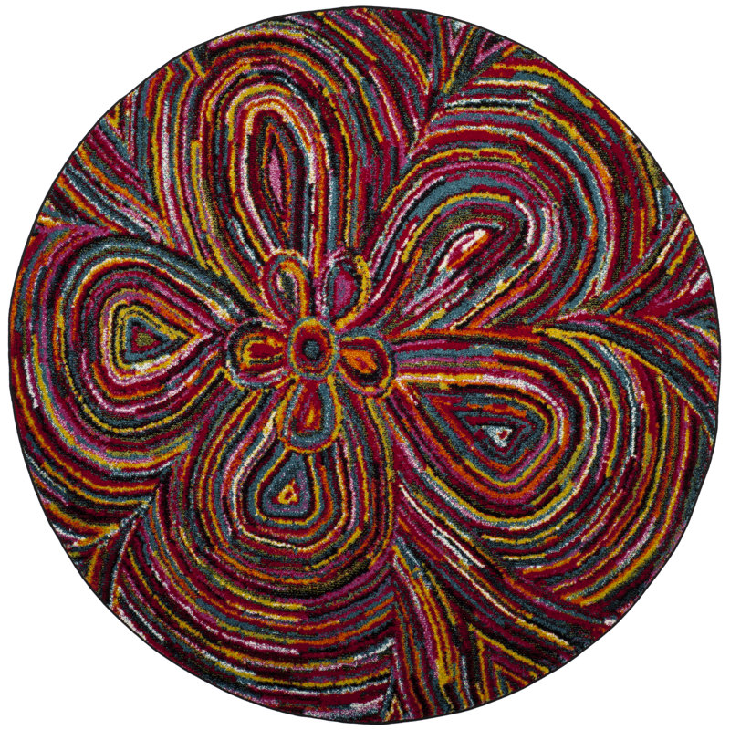 Tapis abstrait vert / bleu / rouge Miley, Rond 6 pi 7 po
