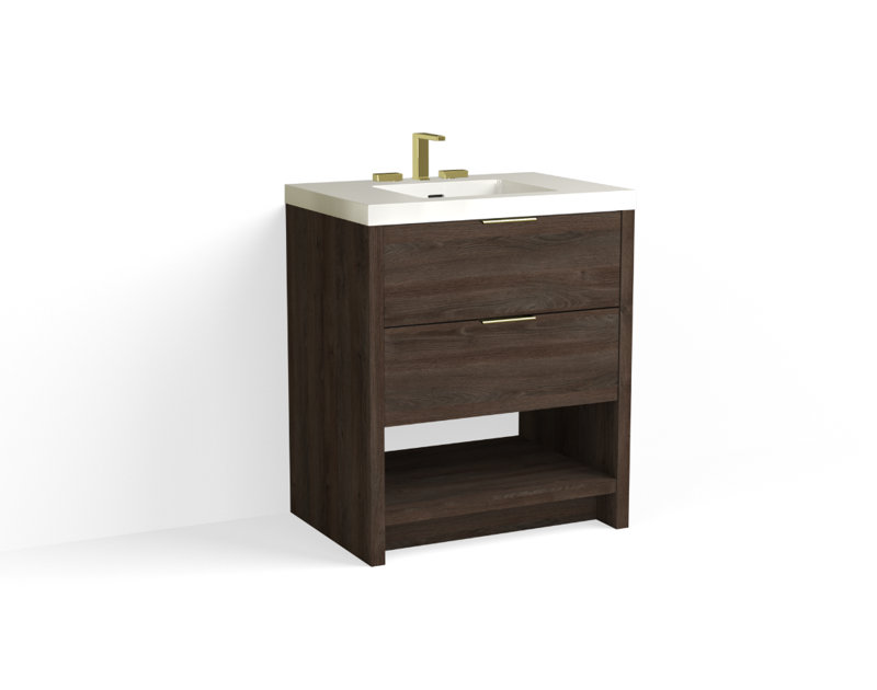 Vue 30" W Freestanding Single Bathroom Vanity, Ashlin, Glossy White/8" Widespread, Satin Brass