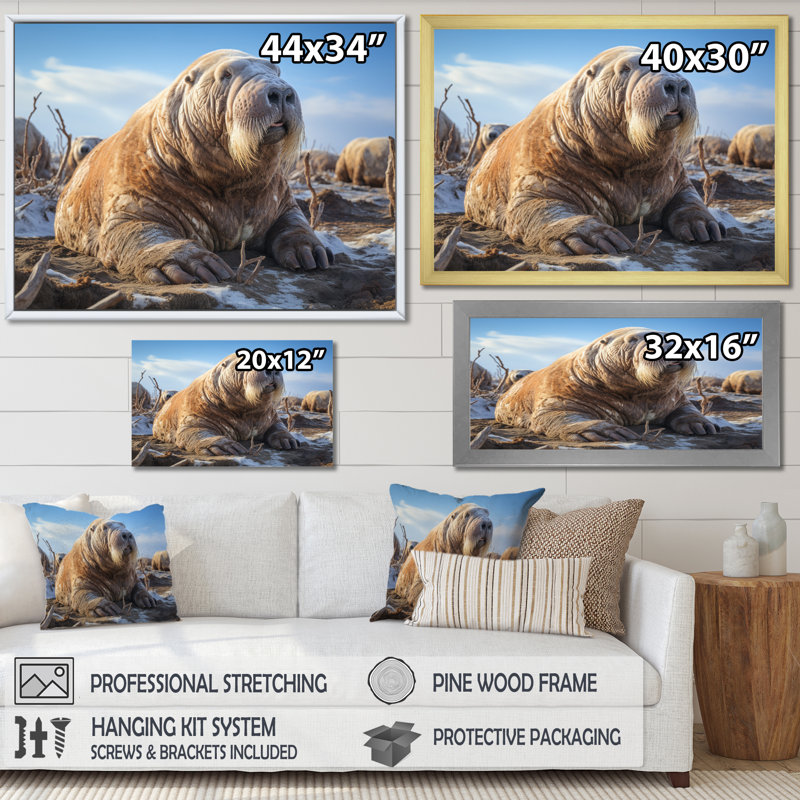 Morse toundra très grand - Reproduction d'art mural animaux, Cadre naturel flottant, H 30 po x l 40 po x P 1,5 po