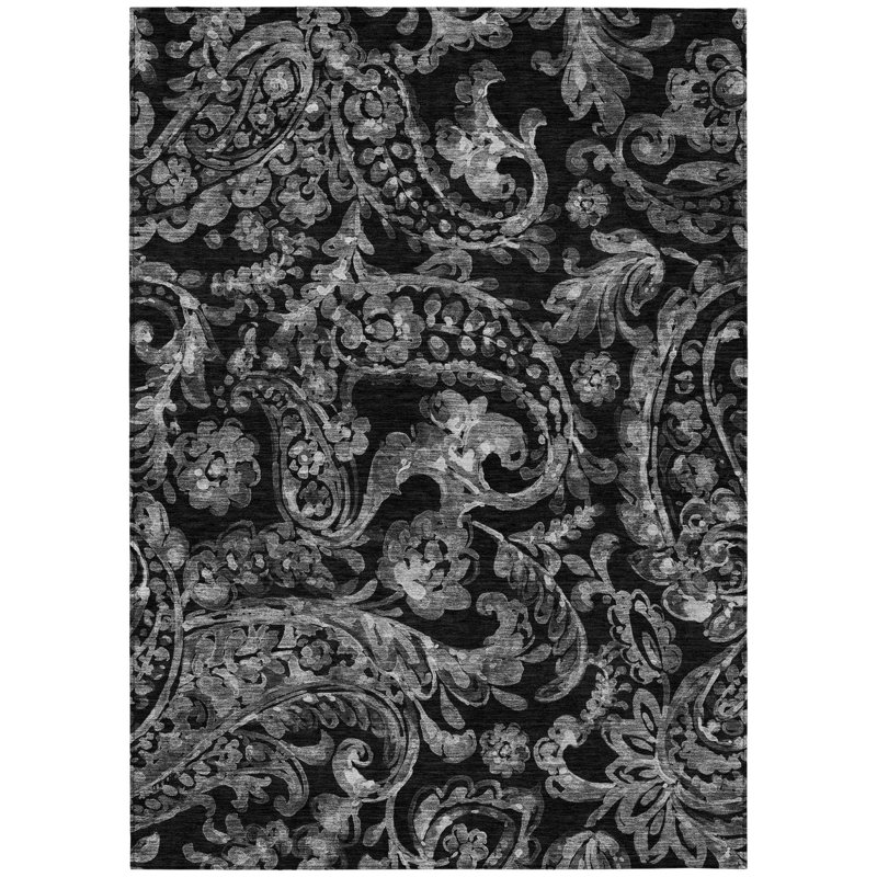 3' X 5' Black Gray And Charcoal Paisley Washable Indoor Outdoor Area Rug