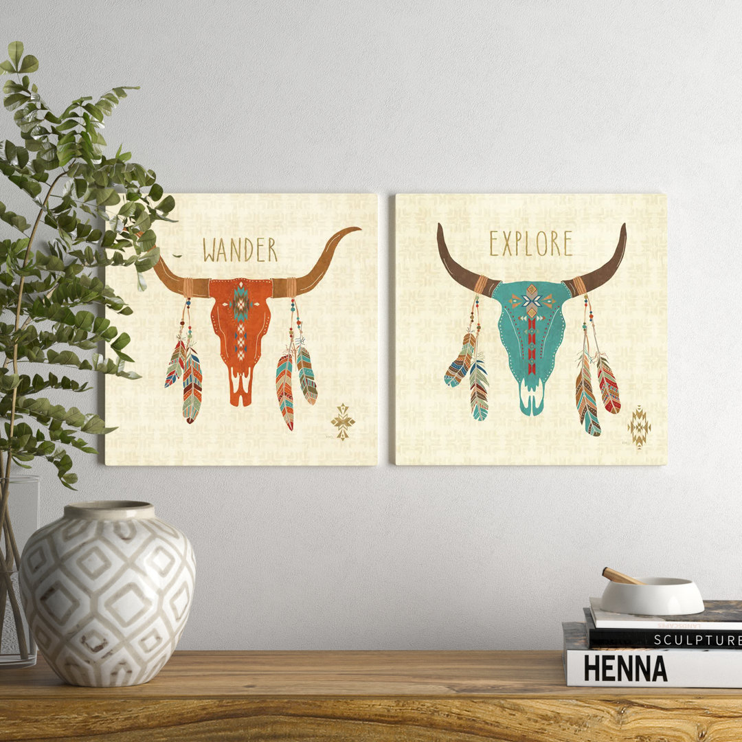 " Gorgeous Teal And Orange Cow Skull And Feathers Wander And Explore " by Veronique Charron 2 - Pieces Mistana™ Baby & Kids 