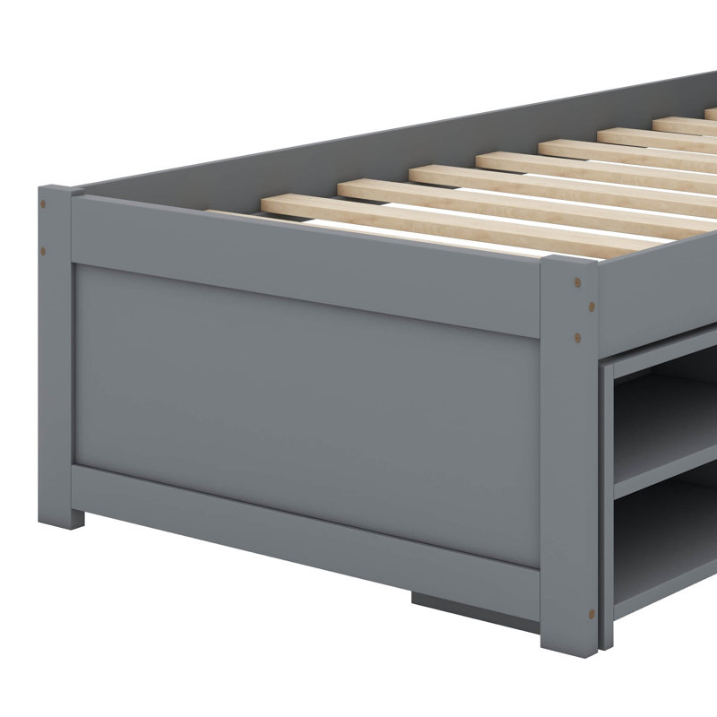 Lit plateforme de taille simple avec tiroir intégré et deux étagères, gris