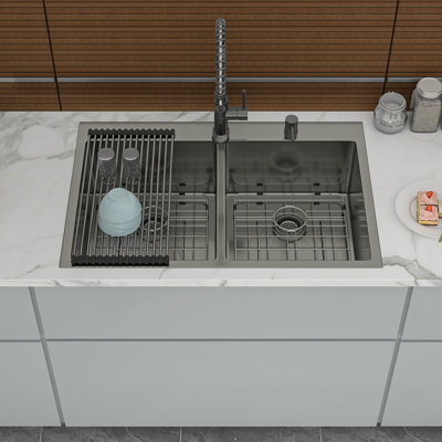Double Bowl Drop-In Kitchen Sink With Deep Basins, Durable 16 Gauge Construction And Modern Gunmetal Finish.