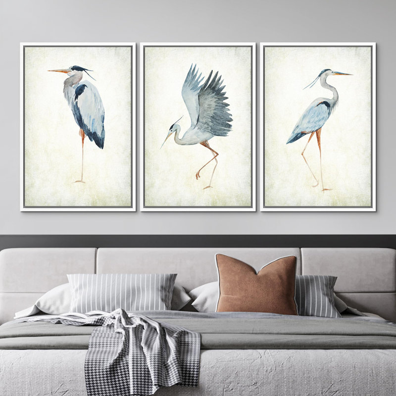 Heron Crane Bird Animals Nautical Decor - Large Framed Canvas Living Room Wall Art Work Set 3 Print, 36" H x 24" W, White