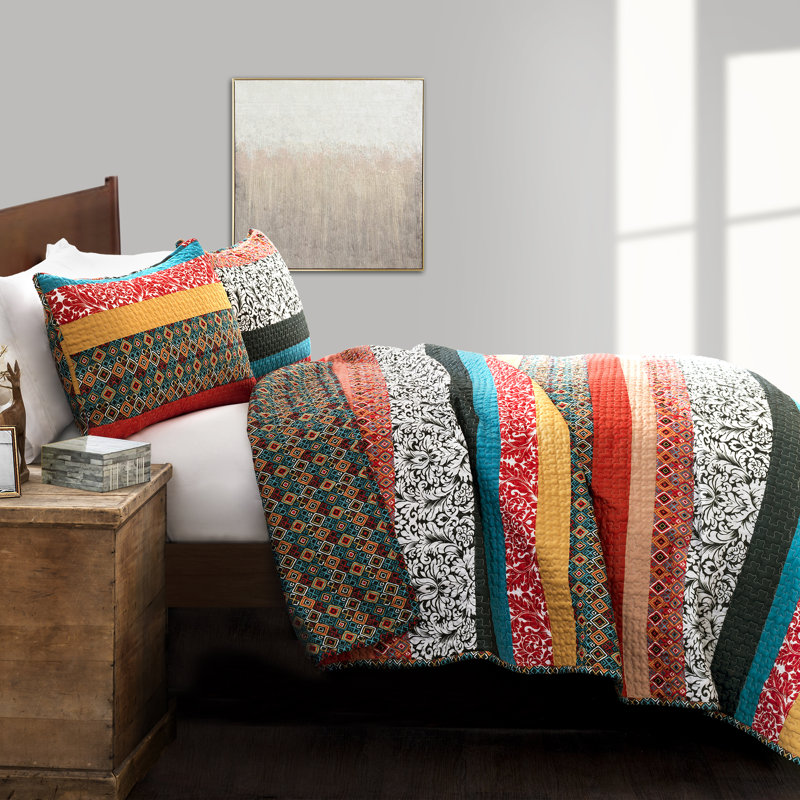 Boho Stripe Reversible Coverlet Set, King Quilt + 2 King Shams, Turquoise/Tangerine