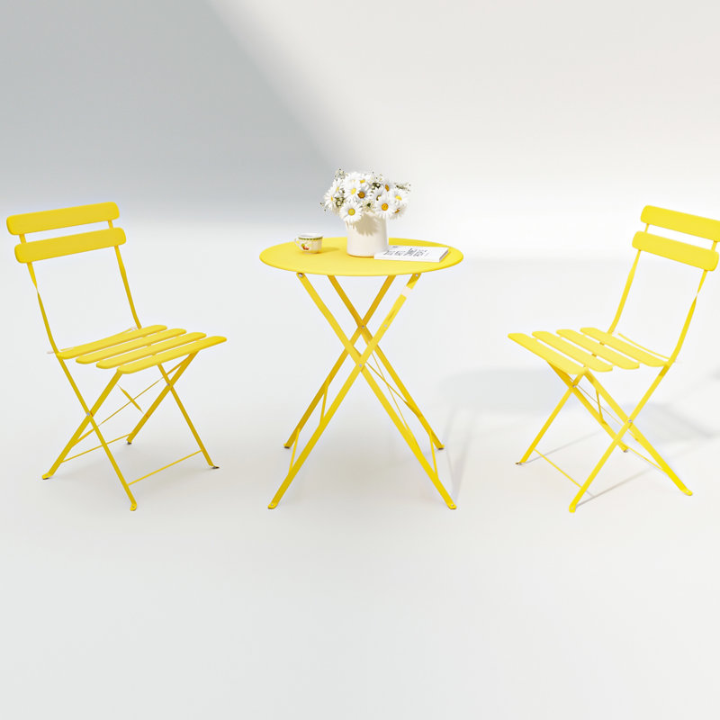 Yellow 3 Pieces Patio Bistro , Metal Construction Chair Table, & Rust-, Foldable For Convenience, Cushions Included Comfort Balcony - Yellow, Rust- Steel Frame, Stylish Design, Space Efficiency, Easy