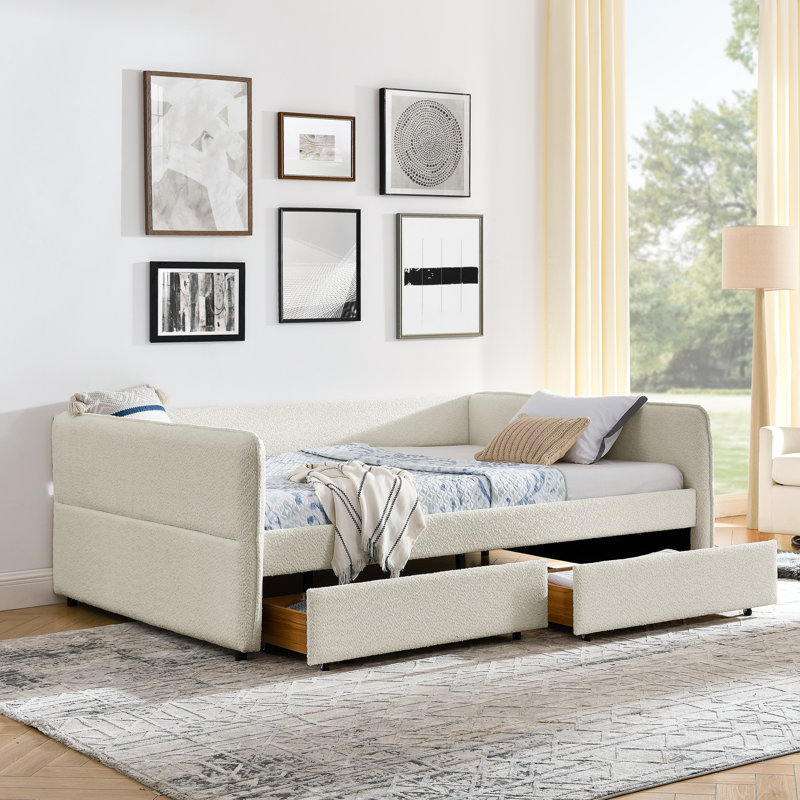 Daybed With Trundle Upholstered Tufted Sofa Bed, With Two Drawers, Queen Size, Boucle Fabric, Beige